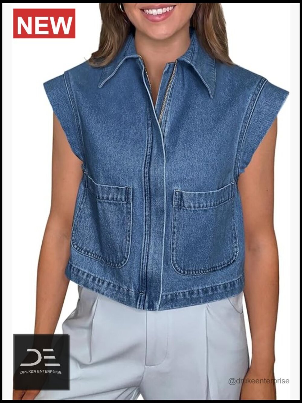 Zip Up Denim Vest Top Cap Sleeve Cropped Jean Vest Jacket Casual Sleeveless
